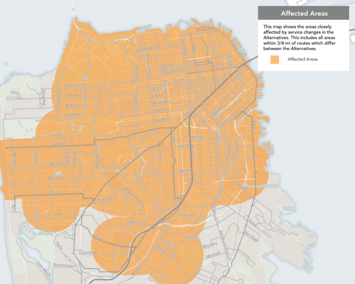 Affected area indicated by orange highlighting on a map of San Francisco. An orange polygon covers most of the city except for Outer RIchmond in the northwest, the areas around San Francisco State University in the southwest, and Bayview in the southeast