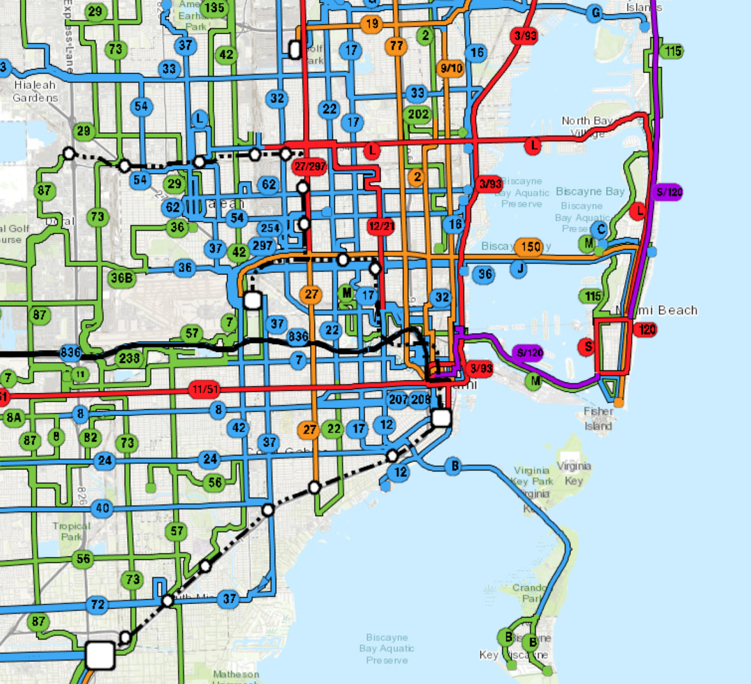 Frequency coded public transit map excerpt from the existing network centered around Miami, Florida