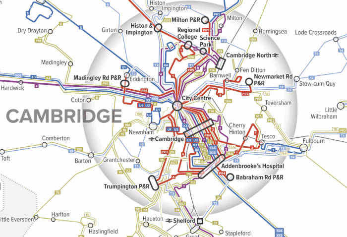 Map of Cambridge bus services, showing the extreme complexity.